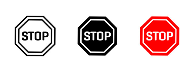 Stop sign icon. Octagonal red sign with bold "STOP" lettering vector illustration. Universal traffic control symbol used at intersections and crossings sign. Safety and regulation pictogram.