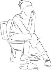 One continuous line drawing on white isolated background. Minimalism linear illustration. bathroom, sitting, female, woman, talking, communication, technology, hygiene, mobile, toilet