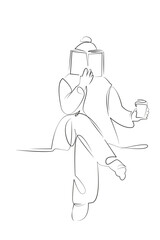 One continuous line drawing on white isolated background. Minimalism linear illustration. book, reading, person, lifestyle, drinking, woman, adult, female, indoor, relaxation