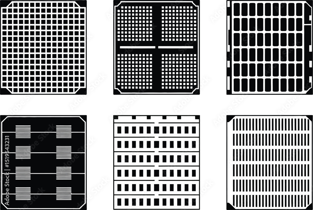 Aufkleber six abstract black and white grid patterns with varying designs on a white isolated background