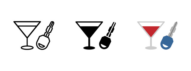 Drunk driving icon. Cocktail glass with car key vector illustration. Symbol warns against drunk driving and alcohol-related road dangers. Traffic safety and legal violation awareness image.