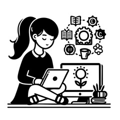 Young Creative Woman Working With Digital Tablet in Thoughtful Mood Against Digital Workspace Background