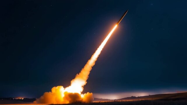 Powerful night launch of an intercontinental ballistic missile with brilliant flames and smoke