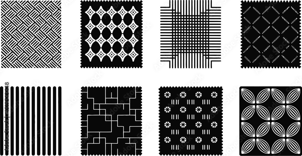 Aufkleber eight square black and white patterns displayed on a light gray background in a grid arrangement