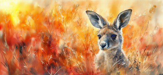 Realistic watercolor painting of a kangaroo in vibrant autumn landscape