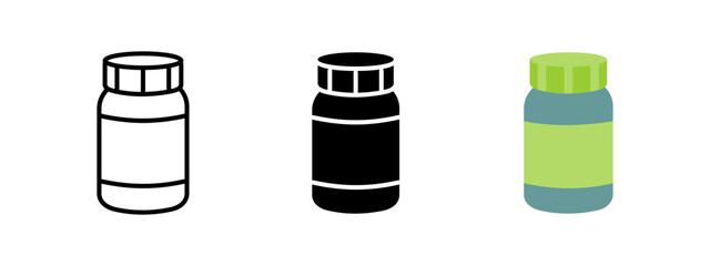 Supplement icon. Plastic pill bottle with twist cap and label vector illustration. Common pharmaceutical container for vitamins, tablets or medicine. Healthcare and nutrition packaging object.