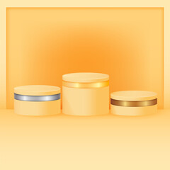 Round winners' pedestals with gold, silver and bronze inserts, on a beige background with a shadow.