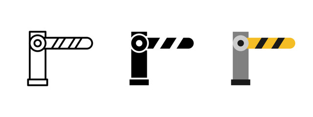 Barrier icon. Horizontal striped boom gate attached to vertical post vector illustration. Used at checkpoints, entrances or parking areas for access control symbol. Traffic stop and road safety sign. © iconostudio