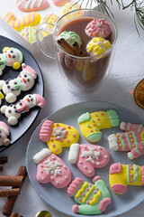 Christmas marshmallows. Winter candy. Sweet food in December. Cocoa drink cup