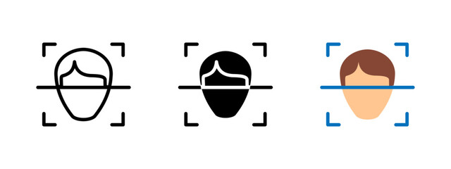 Face recognition icon. Human head scanned inside detection frame vector illustration. Used for biometric authentication and security verification symbol. Identity access sign. Digital login pictogram.