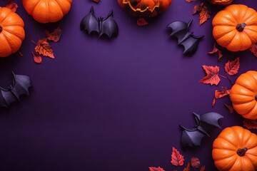 Halloween bats and pumpkins border on purple background for spooky autumn celebration