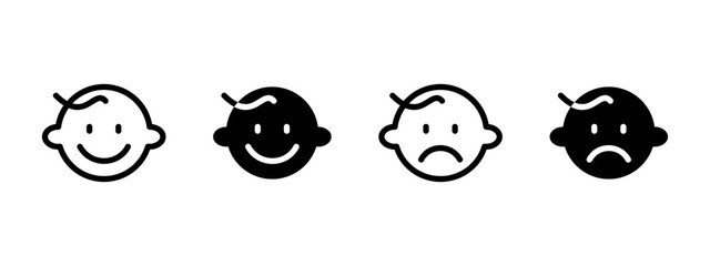 Baby face icon. Infant heads with happy and sad expressions vector illustration. Child emotions used in parenting and nursery contexts symbol. Facial mood indicator sign. Kids emoji pictogram.