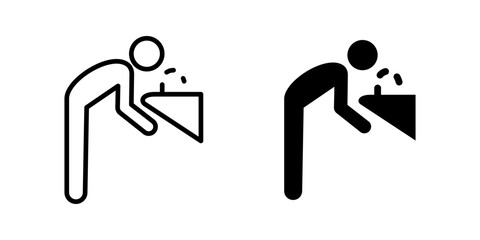 Drinking fountain icon. Person bending over to drink from a public water fountain illustration. Sign for hydration point in public spaces. Potable water access sign. Clean water station pictogram.