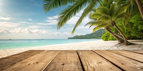 Summer vacation travel caribbean banner nature landscape holidays concept - Rustic empty wooden table, with palm trees, sand beach and sea in background
