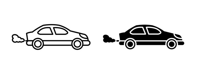 Car exhaust icon. Sedan car emitting smoke from the exhaust pipe vector illustration. Symbol of vehicle emissions and air pollution sign. Environmental impact of fossil fuel cars pictogram.