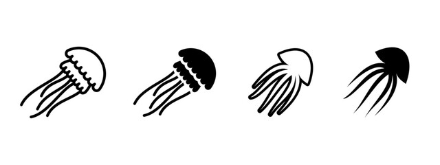 Fototapeta premium Jellyfish icon. Floating sea creature with rounded bell and trailing tentacles vector illustration. Aquatic wildlife symbol of marine life and ocean biodiversity. Deep sea nature sign.