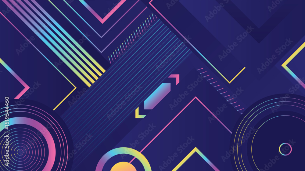 Poster vibrant abstract background with neon gradient lines circles and angles over a dark blue base perfec
