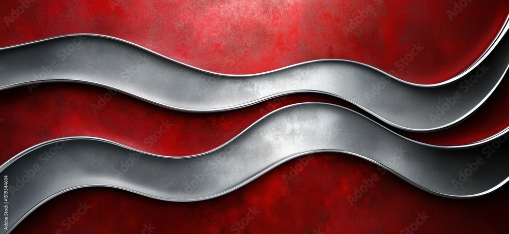 Poster abstract metallic waves on red textured background creating dynamic visual flow