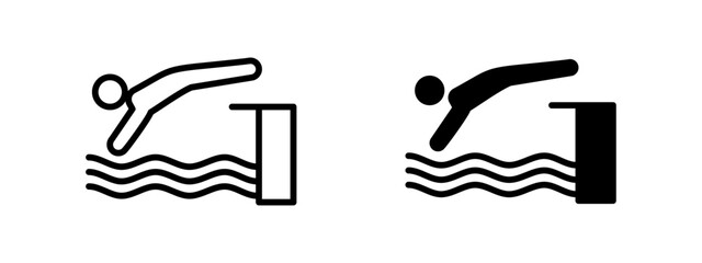 Swimming icon. Athlete diving from platform into water waves vector illustration. Sports training and competition activity symbol. Aquatic performance and motion representation pictogram.