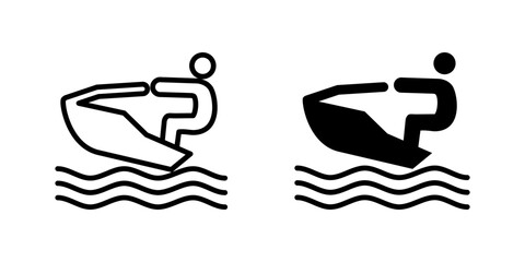 Jet ski icon. Person riding personal watercraft across waves vector illustration. Water sport activity at high speed over sea surface symbol. Summer recreation and marine travel pictogram.