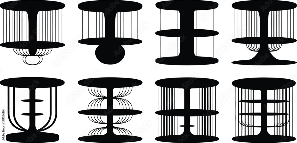 Poster eight abstract black and white illustrations of geometric shapes with various connecting elements de