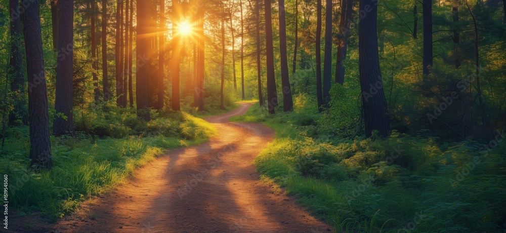 Poster serene forest path illuminated by golden sunlight through trees in tranquil nature setting