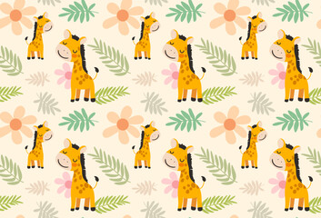 Seamless pattern with cute giraffes and tropical leaves on a light background, jungle safari nursery design for kids and baby products. Vector illustration.