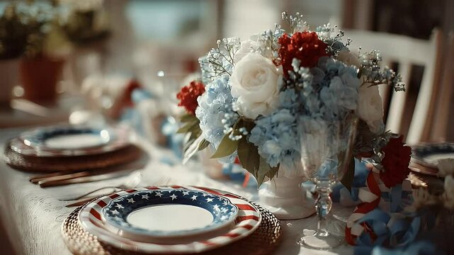 Patriotic table setting with blue white and red flowers