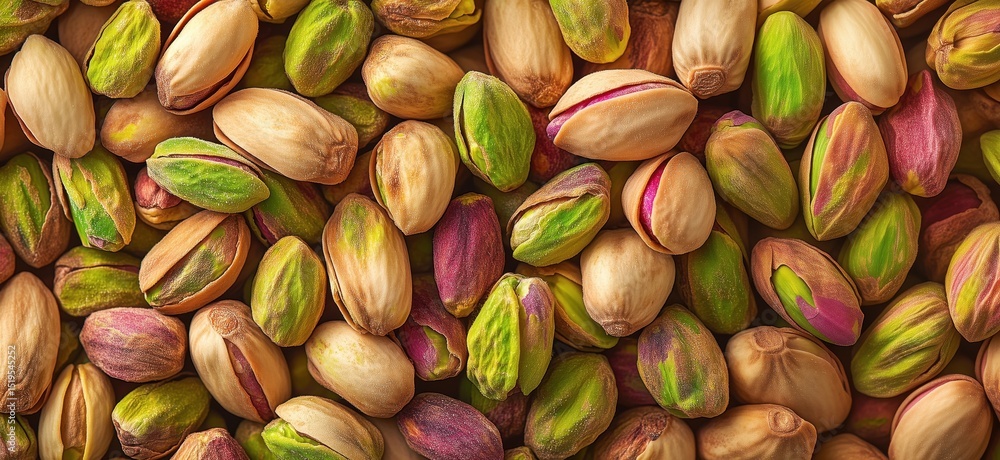 Poster pistachio nuts in various stages of ripeness and color variations on a textured background