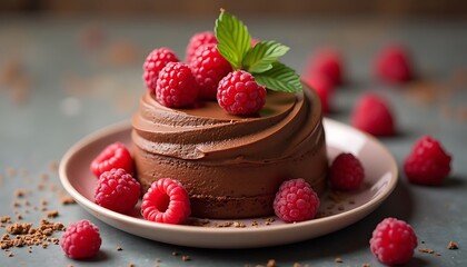 Chocolate Cake with Raspberries and Mint