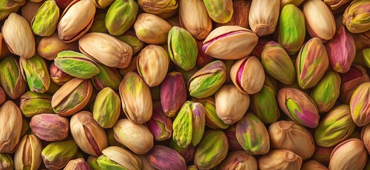Pistachio nuts in various stages of ripeness and color variations on a textured background