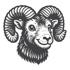 Vintage Hand-Drawn Mouflon Head with Happy Smile Illustration – Wild Animal Engraved Style Vector for T-Shirts, Posters, Stickers, and Cheerful Nature-Themed Apparel