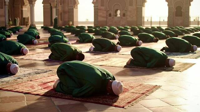 People in Green Praying Together on Prayer Rugs inside Mosque with Warm Lighting for Spiritual Connection