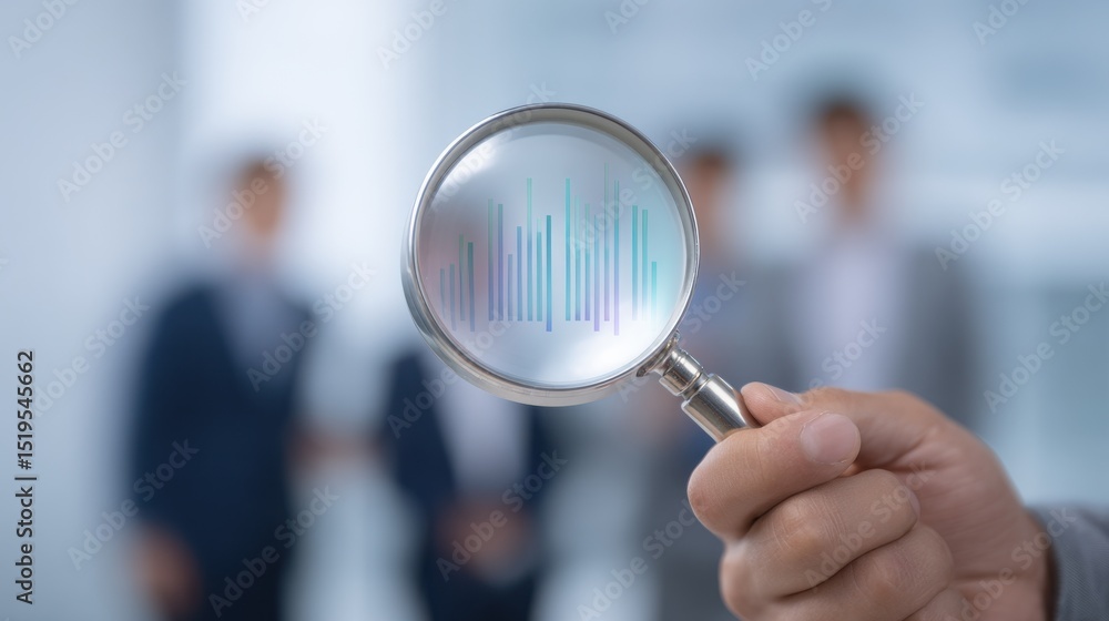 Poster close-up of hand holding magnifying glass focusing on data graph with blurred business team in backg
