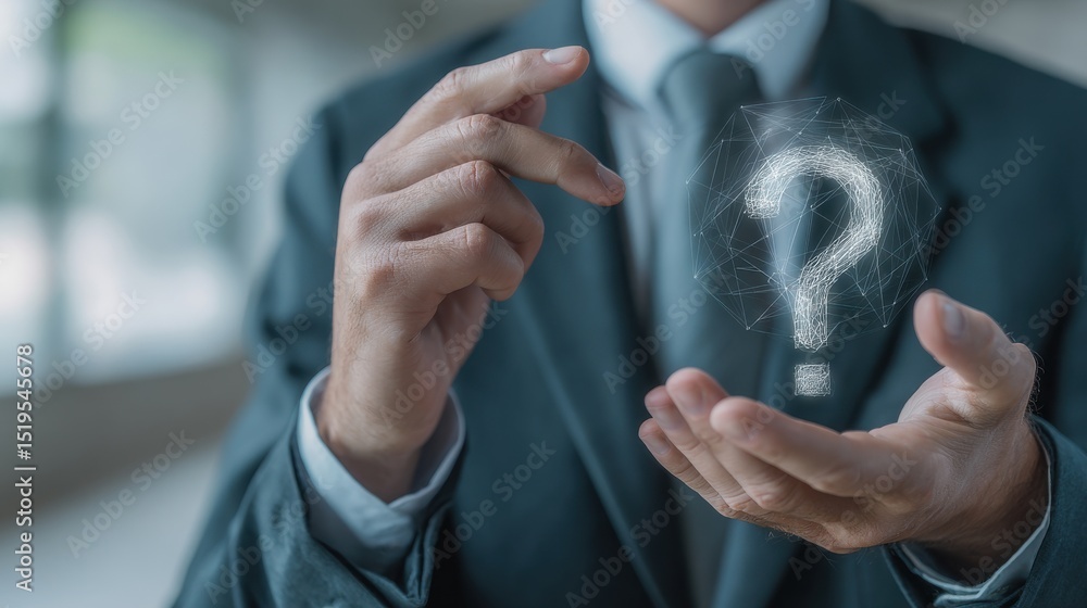 Poster businessman in suit holding question mark symbol in hands to represent inquiry and problem solving c