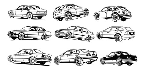 Set of Collection of Vintage Car Illustrations Highlighting Classic Automotive Design