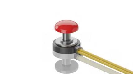 Shiny red emergency button featuring two connected cables sits isolated on a transparent background, reflecting light and signaling readiness for immediate activation