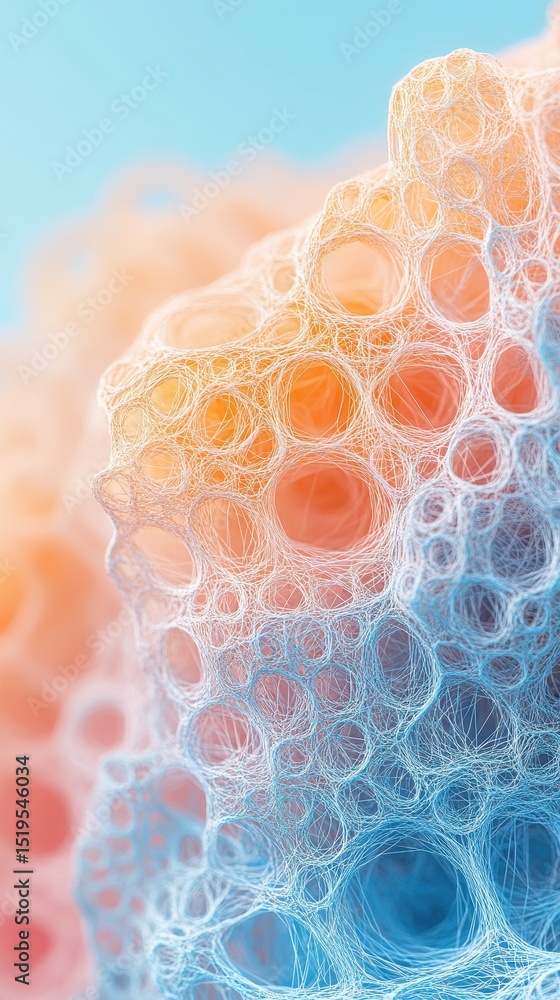 Poster abstract bubbly structure. cellular formation in orange and blue. connected hollow sphere surface. i