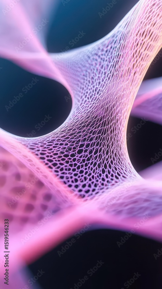Poster Abstract mesh structure with pink gradient. Delicate net pattern against dark backdrop. Interwoven lines form flowing curves. Close up geometric shape. Intricate design element.