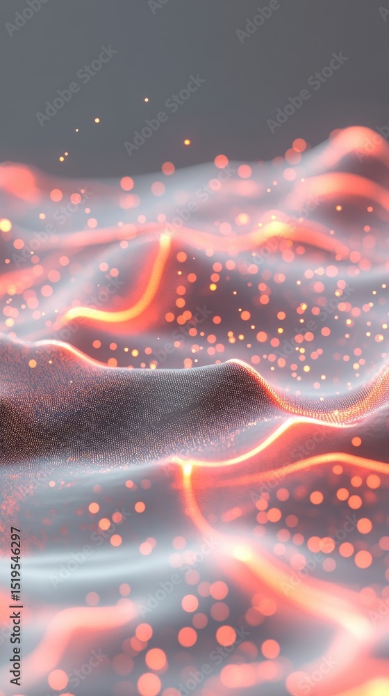 Poster abstract flowing shapes with many small dots. light gray background with orange glowing streams and 