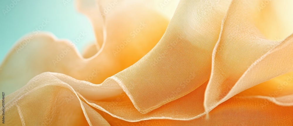 Aufkleber abstract flowing gold fabric waves gently. soft light shines through the airy material against a blu