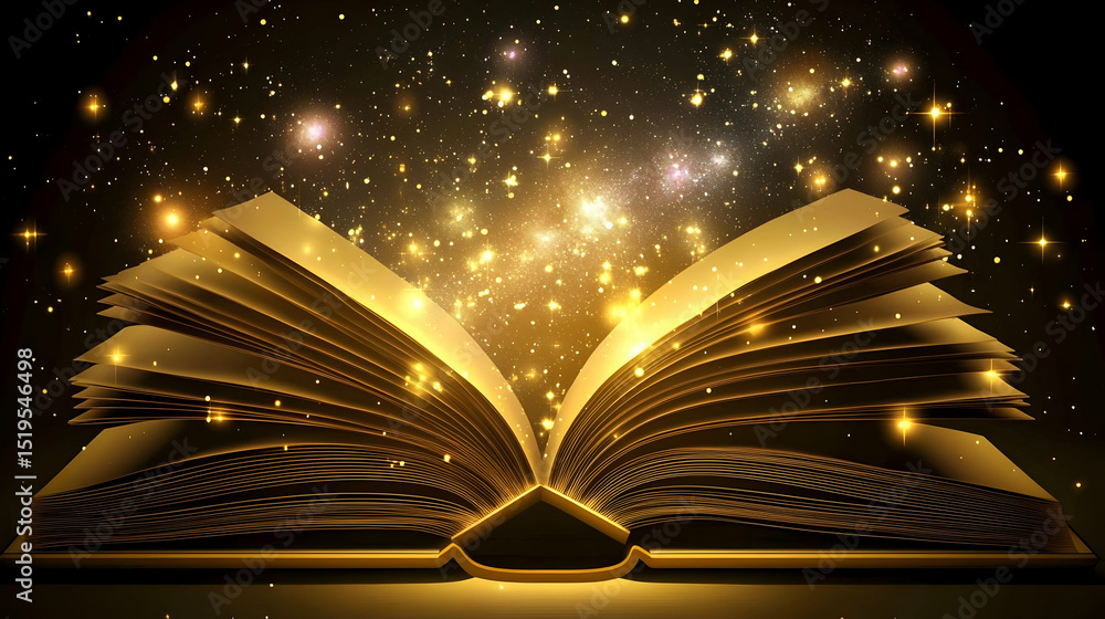 Poster golden illuminated open book with sparkling light effect