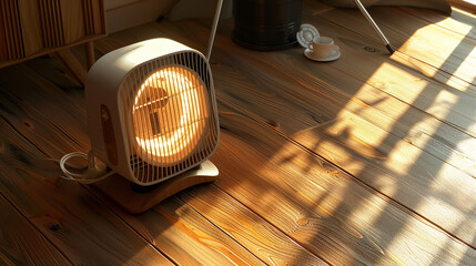 Space Heater on Wood Floor,Cozy Home: Electric Space Heater Warming Wood Floor.