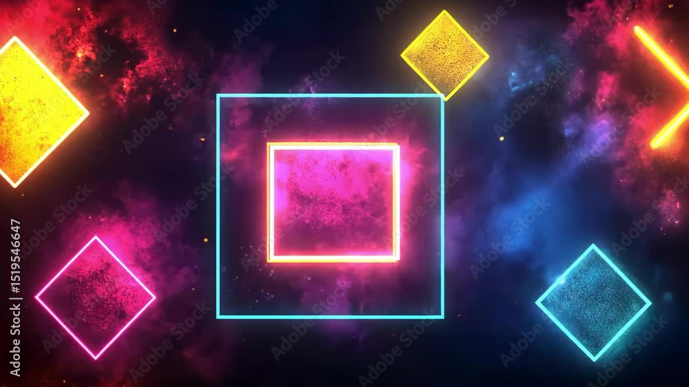 Aufkleber abstract neon light background with colorful squares and glowing geometric shapes.