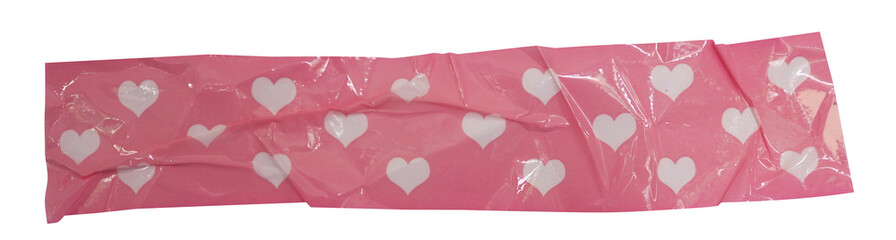 Crumpled torn pieces of pink background with white heart shape packing tape, adhesive sealing tape,...