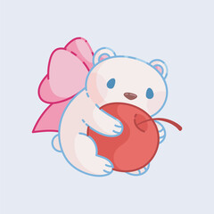 cute bear holding cherry fruit wearing pink ribbon in isolated background