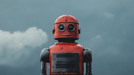 Vintage red robot stands against a clear sky, retro design with distinctive features.