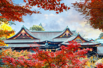 Kitano Tenmangu Shrine with beautiful vivid autumn colorful foliage in Kyoto, Japan
