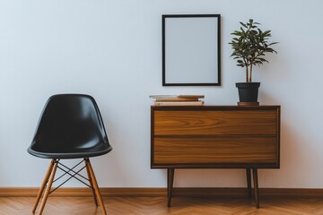 Modern room setting with chair, cabinet, plant, books, and picture frame