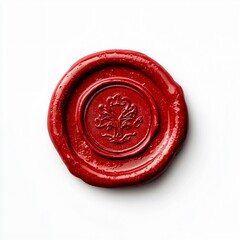 Artistic showcase of a red wax seal isolated on white background product photography minimalist environment top-down view conceptual presentation